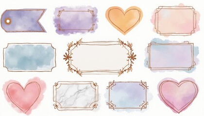 Obraz premium Collection of watercolor frames and tags with gold trim. Includes hearts, rectangles, and banner shapes. Pastel colors add soft elegance. Blank space for text.