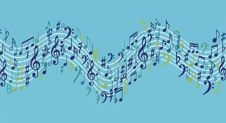 Musical background with blue background and waving music notes © mutia