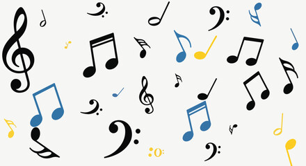 Musical notation symbols scattered on a white background © mutia