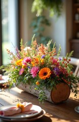 Fototapeta premium Rustic log centerpiece filled with bright gerbera daisies, wildflowers and greenery. Flowers arranged on a wooden table with plates set for a meal, celebrating nature and home.