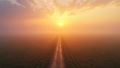 Naklejka premium Sun rises over misty country road cutting through field. Golden hour light illuminates foggy landscape. Serene dawn atmosphere creates peaceful rural mood. Nature scene inspires travel, quiet