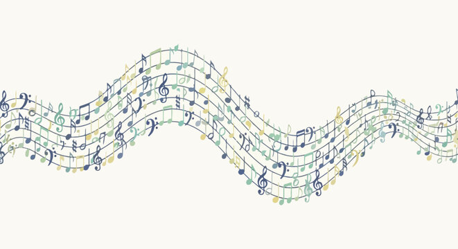 Musical notes flow on staves, creating a visual wave