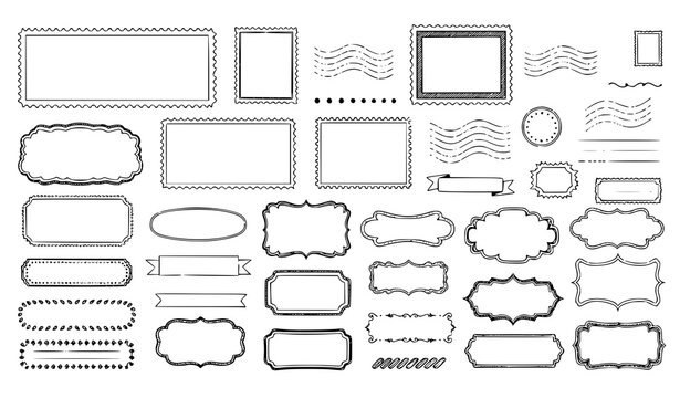 Coastal retro doodle vector frames with postmark and decorative label shapes