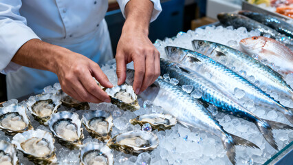 Culinary Precision: A skilled chef meticulously arranges fresh oysters on a bed of ice, alongside a display of glistening fish, showcasing culinary expertise.