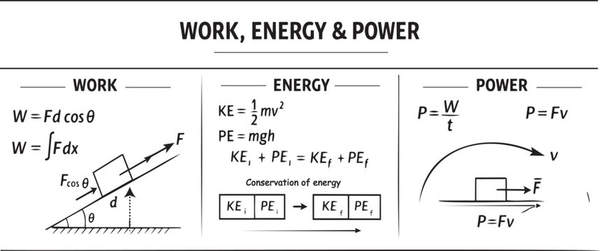 Work Energy and Power Physics Poster &ndash; Vector Line Art Educational Chart