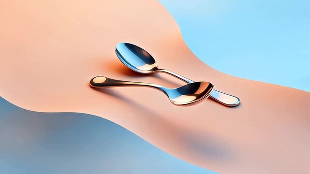 Two shiny metal spoons on colorful surface