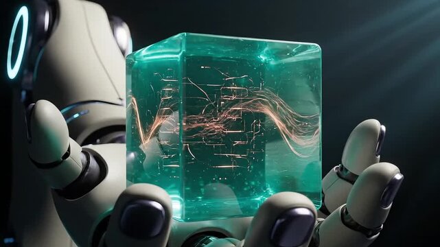 Robotic hand holding futuristic transparent cube with glowing light showcasing Technology and innovation in 4k