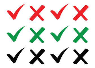 Beautiful Green, black check-mark, red cross mark icon set design. voting green, red black checklist signs and symbol, Isolated tick symbols, voting icon set design. 