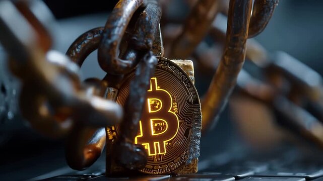 Blockchain financial technology demonstrates security features of cryptocurrency using a gold Bitcoin locked with a heavy chain on a laptop keyboard in a digital environment