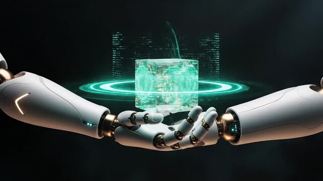Futuristic Robotic arms exchanging futuristic data cube with glowing circuit board in 4k with Decent Background 