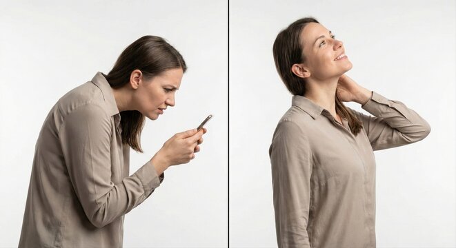 Woman demonstrating bad posture from phone use and neck relief