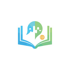 Fototapeta premium A colorful, open book design featuring a speech bubble and a globe