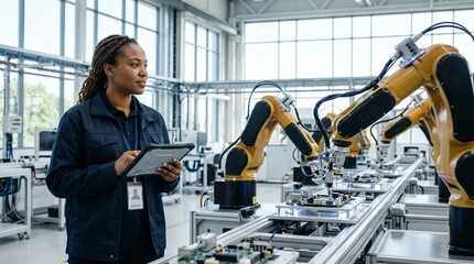 Fototapeta premium Engineer Inspects Robotic Arms: An engineer attentively monitors a line of robotic arms in a modern, light-filled industrial facility. She is engrossed in the technological ballet.