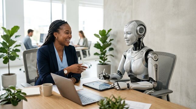 Synergy of Minds: A business professional and a sleek robot collaborate at a desk, sharing ideas and knowledge within a modern office setting.