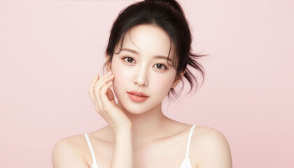 透明感あふれる素肌と自然な表情が魅力の若い女性ビューティーポートレート、やわらかなピンク背景でスキンケア・保湿化粧品広告に最適な高品質美容素材