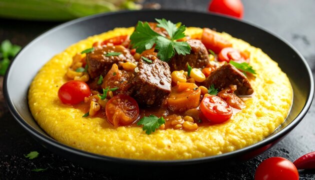 Couscous Tunisian style with vegetables and lamb, ceramic bowl, overhead flat lay, warm earthy tones