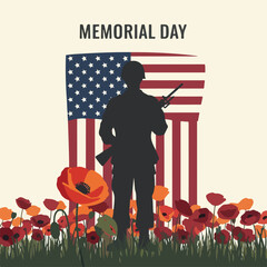 Naklejka premium Silhouette of a soldier standing with the American flag and flowers