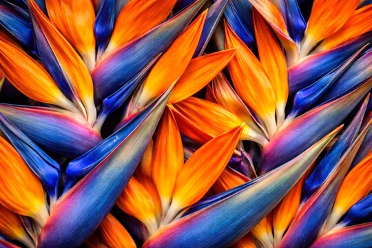 Bird of Paradise Flower Abstract Texture. Top down macro view of strelitzia reginae flowers. Abstract floral background with orange and blue contrast, edge to edge composition.