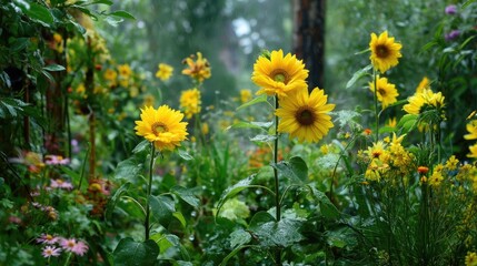 Fototapeta premium Vibrant Sunflowers in Lush Garden During Rainy Day, Capturing Nature's Beauty with Colorful Blooms and Refreshing Raindrops on Petals
