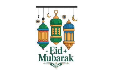 Naklejka premium Eid Mubarak Greeting with Traditional Islamic Lanterns and Crescent Moons