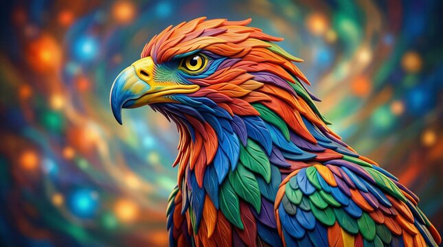 Rainbow Eagle's Portrait: An artistic portrait captures a vibrant eagle with a mosaic of rainbow colors, creating a surreal and striking image. 