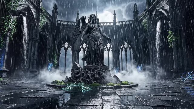 Mysterious statue in a dark gothic castle courtyard.