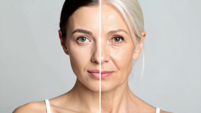 Split face comparison of young woman and elderly woman showing wrinkles and smooth skin for anti aging concepts