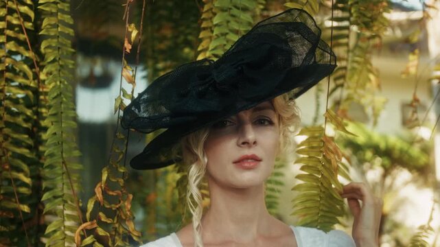 Reflective Gardener In Lush Surroundings. Serene Female Scientist Immersed Amid Vibrant Foliage