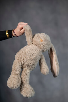 peluche lapin tenue par une pate comme un doudou oubli&eacute; ou perdu