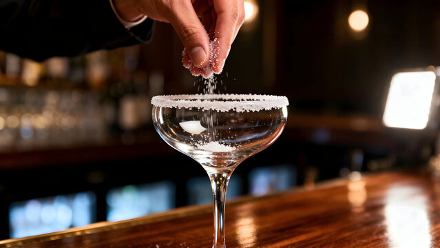 Cocktail Art: A bartender skillfully rims a classic cocktail glass with fine sea salt, crafting a drink with a touch of sophistication and perfect balance for the discerning palate. 