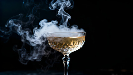 Mystical Cocktail: Captivating view of a crystal glass, its contents veiled in swirling, ethereal smoke, evoking a sense of mystery and sophistication.