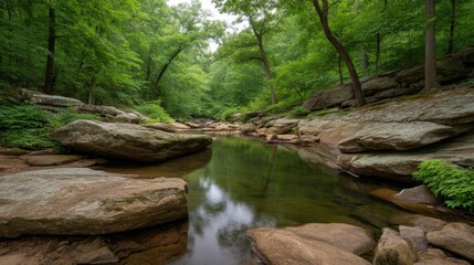 Serene Forest Stream Surrounded by Lush Green Foliage, Reflections on Water, Tranquil Natural Landscape in a Quiet Wilderness Area