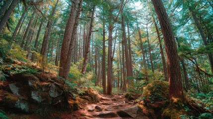 Obraz premium Serene Forest Pathway Surrounded by Tall Green Trees and Sunlight Streaming Through Leaves in a Tranquil Natural Setting