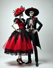 Obraz premium Two skeletons in stylish costumes, a woman in a red dress and hat with roses, a man in a tuxedo and sombrero. They pose together, ready for a Halloween party or celebration.