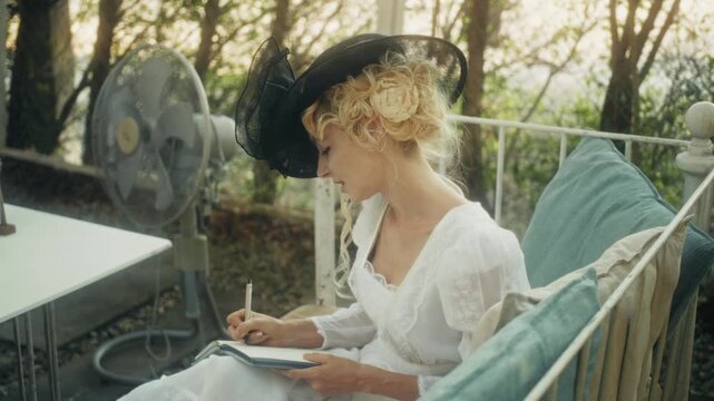 Woman Writing On Bench. Thoughtful Woman Documenting Memories On Outdoor Bench Surrounded By Lush Foliage