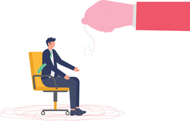 Obraz premium Businessman Sitting on Chair Tangled in Red Yarn Threads