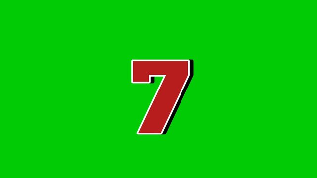Number 7 symbol sign animation motion graphics cartoon green screen background.Red number reveal on smoke video elements