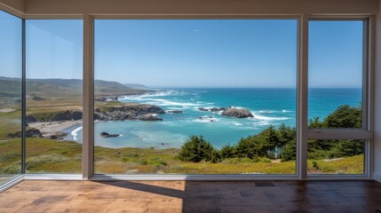 Coastal View from Modern Window Frame with Lush Green Landscape and Vibrant Blue Ocean on a Clear Sunny Day