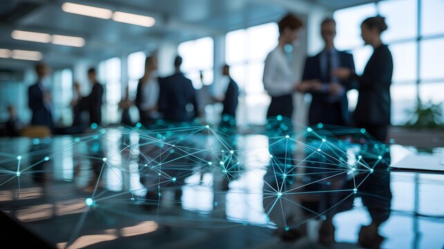 Business Team Meeting with Digital Network Overlay Representing Corporate Collaboration, Data Connectivity, Strategic Planning and Smart Office Innovation Concept