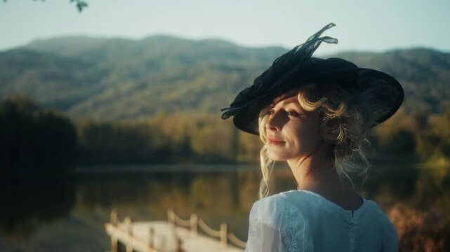 Traveler Wears Sunhat. Casual Explorer Adjusting Her Hat Amid Glowing Sunshine On Gentle Grassy Slope