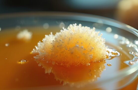 Close-up view of kombucha SCOBY with active fermentation bubbles forming complex textures. Liquid medium with gas release shows healthy microbial culture growth.