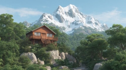 Fototapeta premium Scenic Mountain Landscape with Wooden Cabin Surrounded by Lush Greenery and Majestic Snow-Capped Peaks Under a Clear Blue Sky