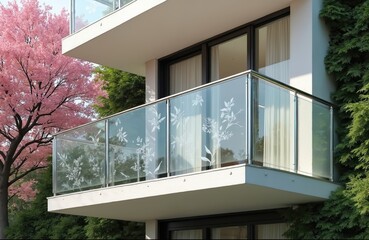 Fototapeta premium Modern balcony with glass railing featuring etched floral designs. Sleek aluminum frame and clear panels surround outdoor living space. Lush green trees and pink blossoms frame elegant terrace.