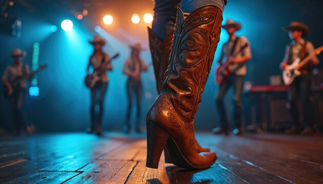 Cowgirl boots on wooden floor. Band plays country music on stage. Blue and orange stage lights create atmosphere. Dancing women in cowboy hats perform line dance. Festive concert vibe.