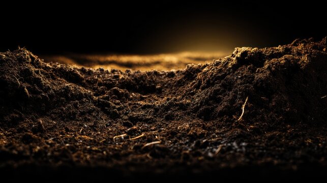 Detailed Close-Up of Rich Soil with Textures and Shadows in Natural Light for Agricultural and Environmental Themed Projects