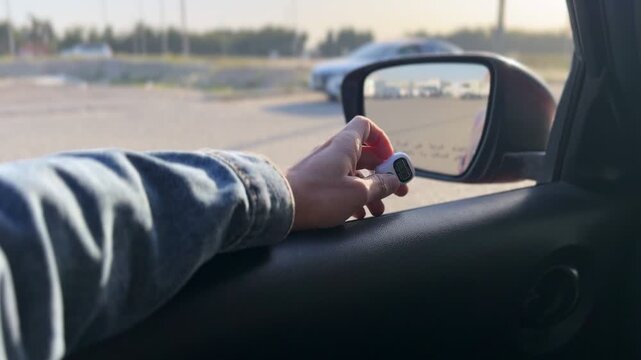 Close-up of a driver&rsquo;s hand holding a small digital tally counter inside a vehicle, with side mirror reflecting parked cars and road scene during daylight travel.