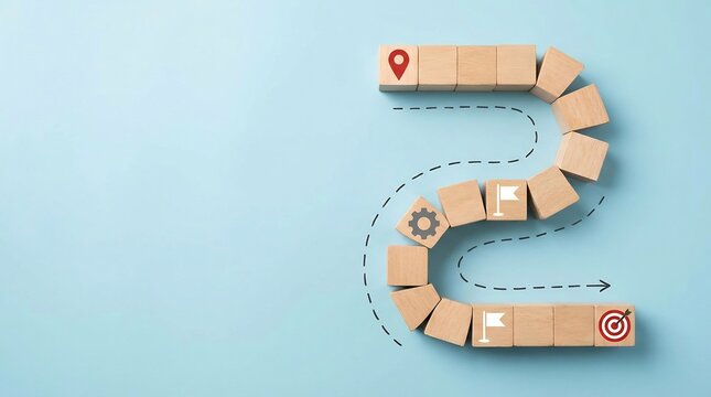 Wooden blocks with icons trace a winding path marked by dashed lines, representing a complex journey or project roadmap toward a final destination.