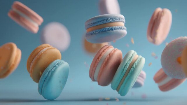 Colorful macarons in mid air against a soft blue background
