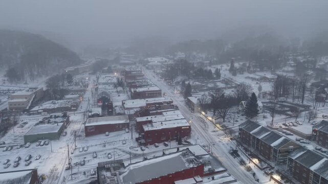 aerial high over boone nc, north carolina after snowstorm