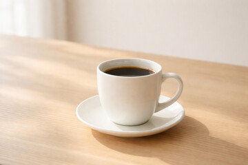 White Ceramic Coffee Cup on Light Wooden Table with Soft Morning Sunlight, Minimal Lifestyle Background